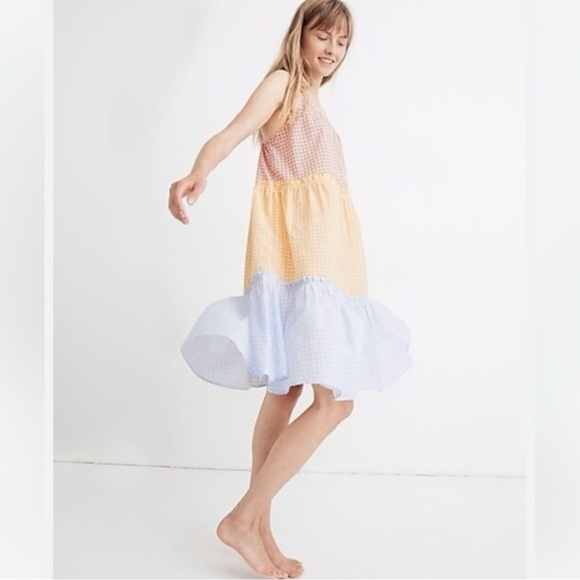 Madewell Colorblock Gingham Tiered Cover-Up Dress Boho Sundress SZ Medium - Picture 3 of 15